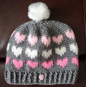 Handmade Knit Toque with Hearts and Faux Fur PomPom